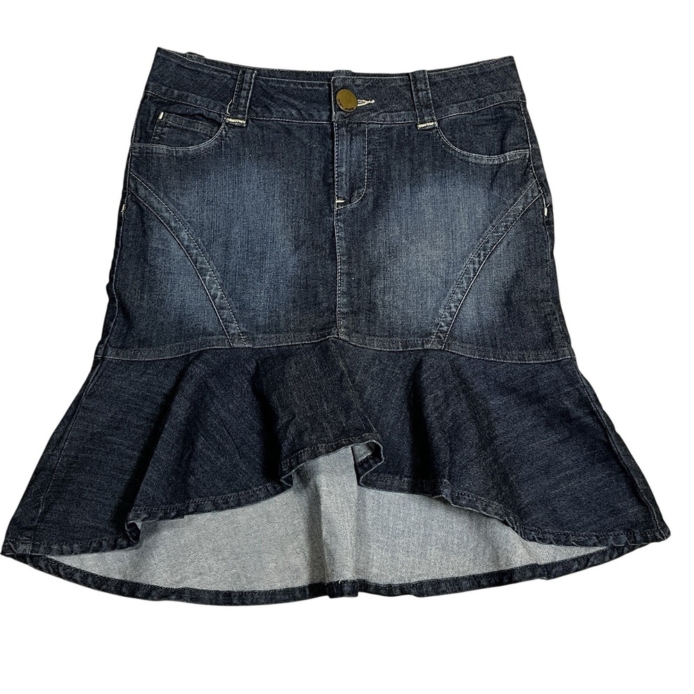 Y2K DKNY Jeans Ruffle Hem‎ Denim Mini Skirt 6 Mermaidcore Western Dark Wash - Picture 2 of 8